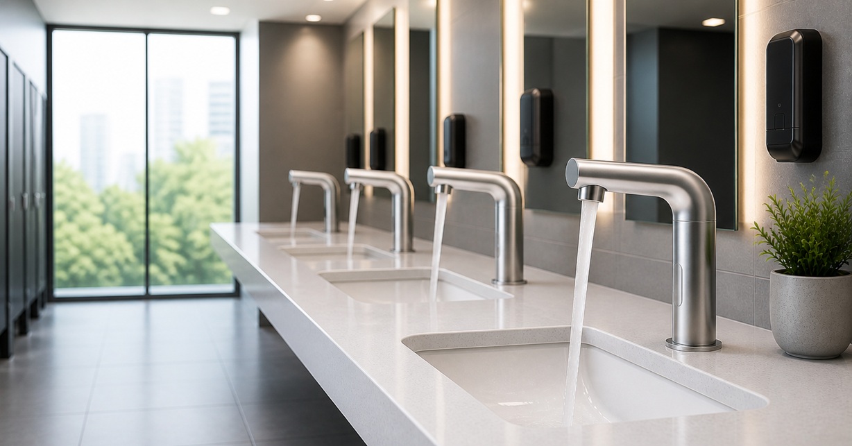 Commercial touchless sensor faucets in a modern high-traffic restroom